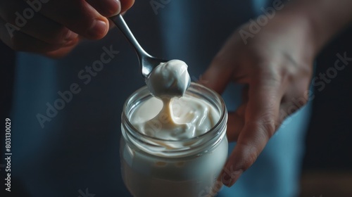 Close-up of person scooping out yogurt from a glass jar with a spoon photo