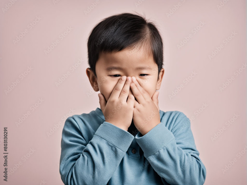 Autism awareness day April 2 Studio Portrait of a little cute asian child cover his face Autism awareness day April 2 Studio Portrait of a little cute asian child cover his face