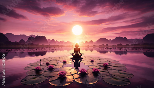 a woman meditating on a lily pad in a tranquil lake during sunset photo