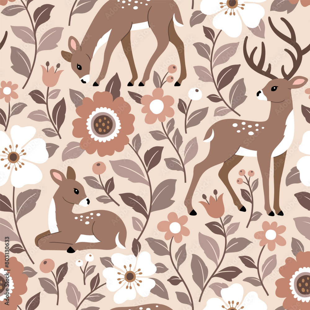 Seamless hand drawn vector pattern with deer and fawn on floral background. Perfect for textile, wallpaper or print design. Seamless hand drawn vector pattern with deer and fawn on floral background. Perfect for textile, wallpaper or print design.