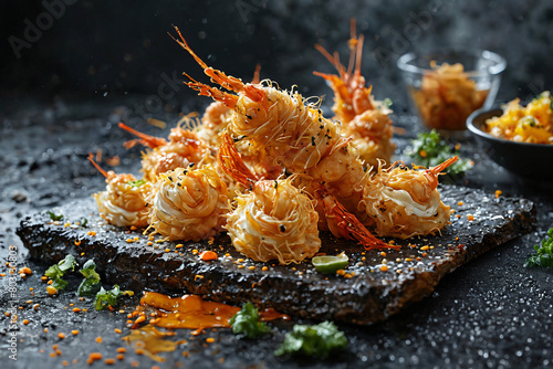 Delicious platter of tempura shrimp tenders served on table, Generative AI