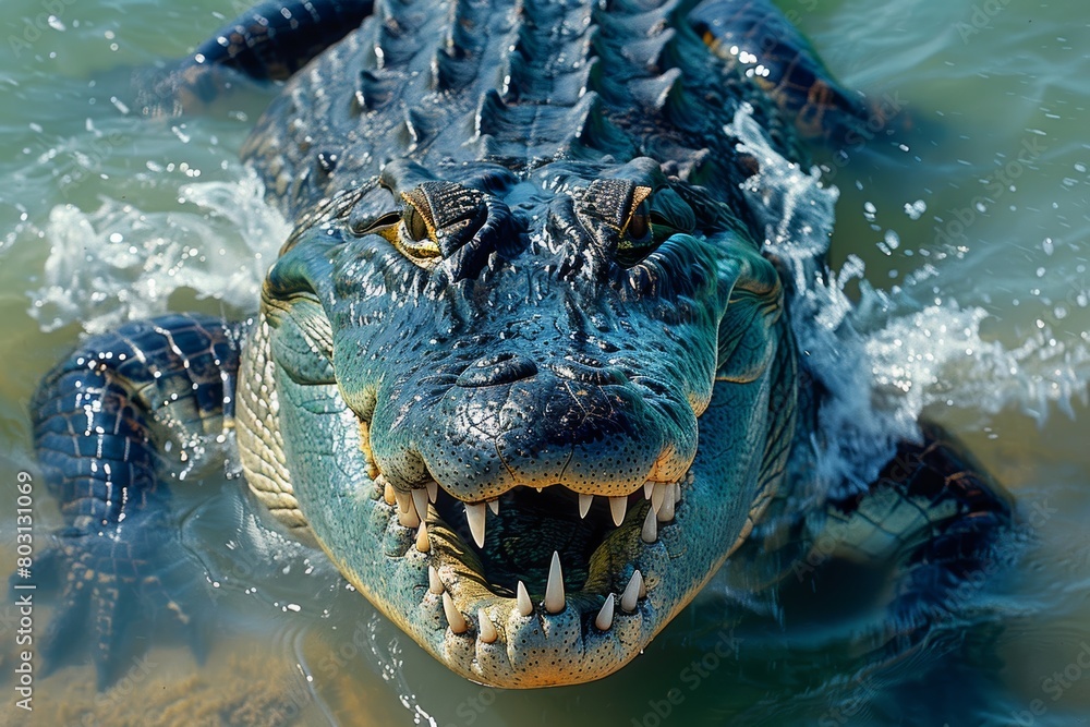 A terrifying image of a large alligator, a terrifying reptile that has the strongest bite on