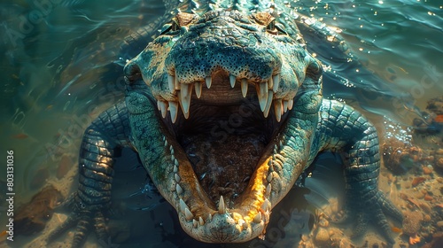 A terrifying image of a large alligator, a terrifying reptile that has the strongest bite on earth, is growling to show its power and aggression.