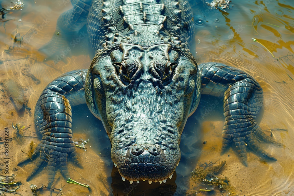 A terrifying image of a large alligator, a terrifying reptile that has the strongest bite on