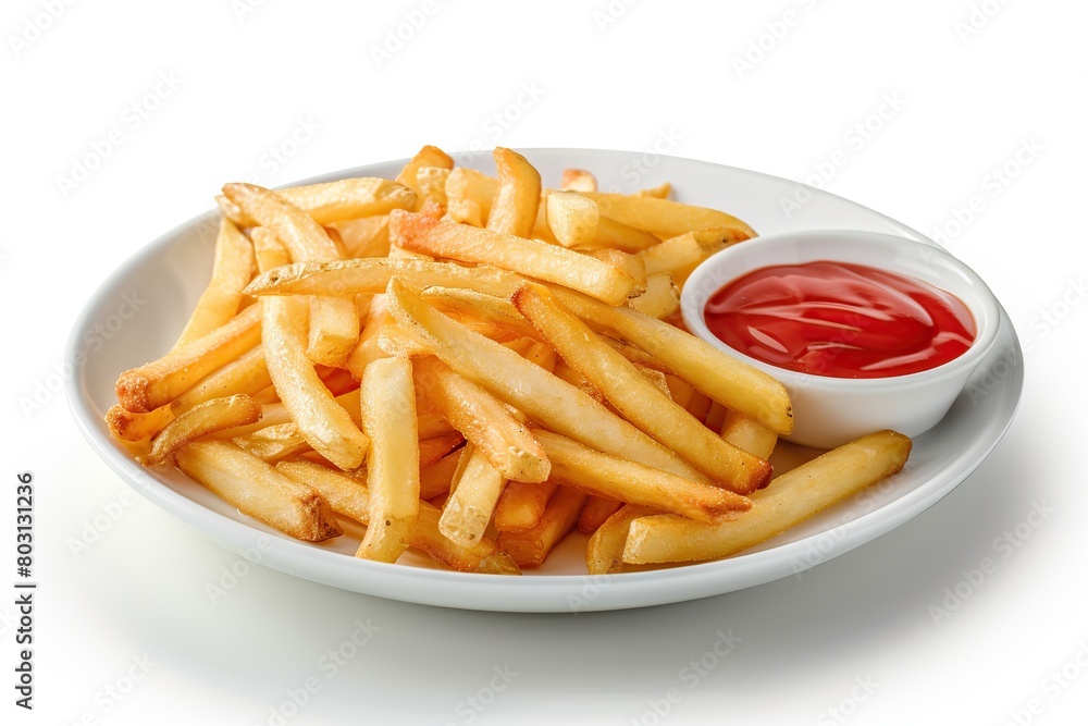 Delicious French fries with red sauce tomato ketchup. Salted potato fry in a white bowl. Isolated background. Golden homemade deep fried salty french frites serving on a plate. Very good chips Delicious French fries with red sauce tomato ketchup. Salted potato fry in a white bowl. Isolated background. Golden homemade deep fried salty french frites serving on a plate. Very good chips