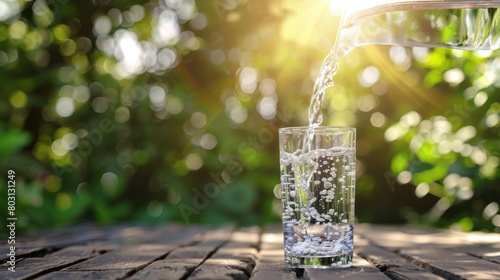 Pouring fresh water from jug into glass on wooden table with sunlight background