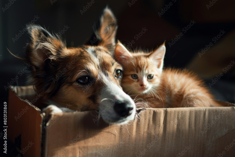 Adorable Dog and Kitten Peeking from a Cardboard Box Together