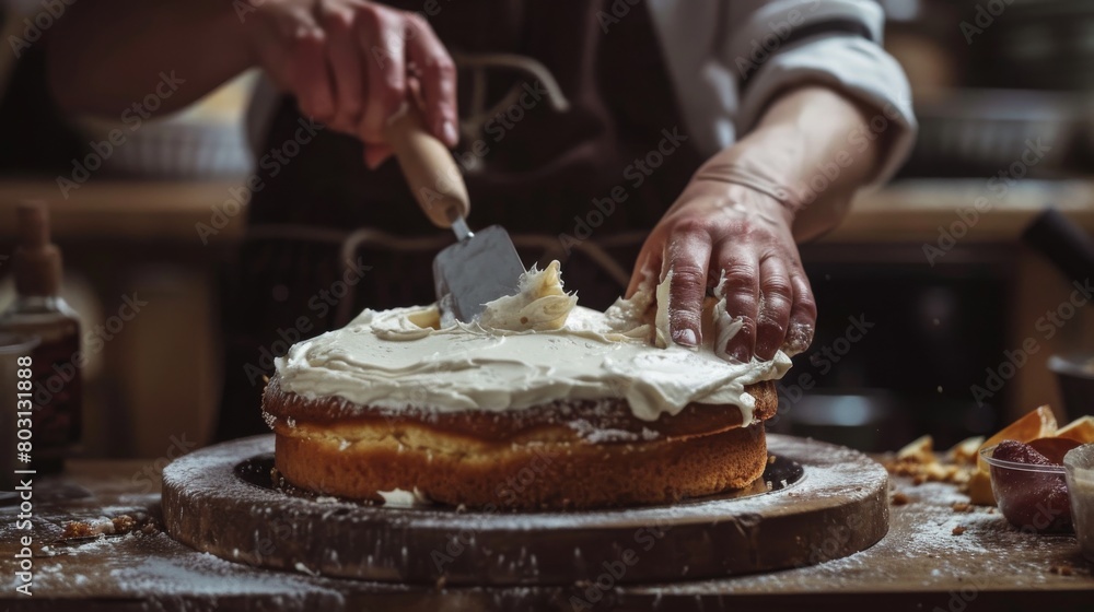 Baker applying icing on a homemade cake with a spatula in a moody kitchen