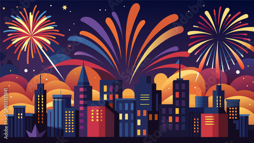 A dazzling barrage of fireworks cascading across the city horizon creating an unforgettable visual spectacle.. Vector illustration