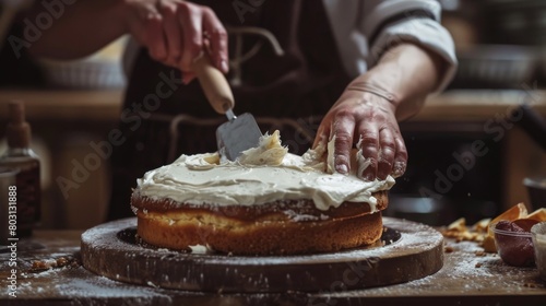 Baker applying icing on a homemade cake with a spatula in a moody kitchen