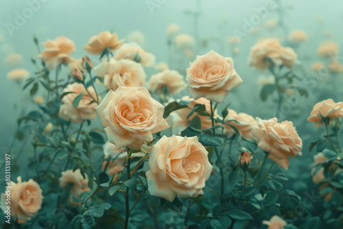 Tranquil Dawn  Peach Roses Emerging from Misty Green Depths