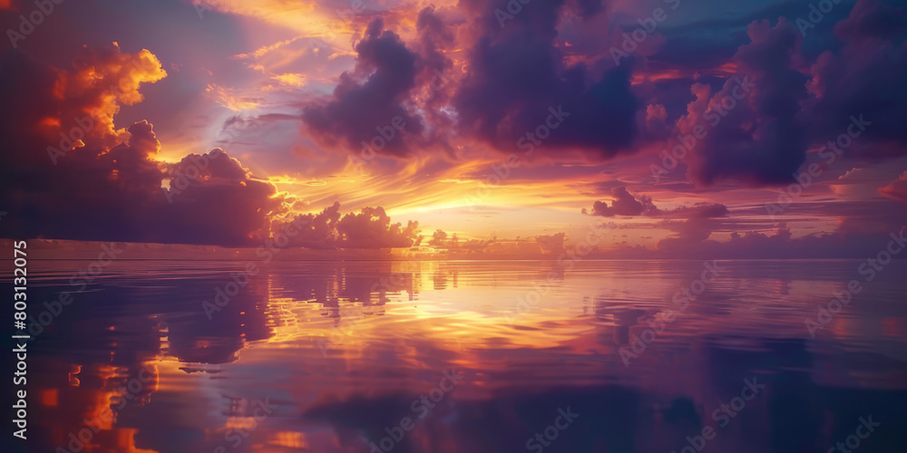 Majestic Sunset Skies Reflecting on a Tranquil Ocean Horizon Majestic Sunset Skies Reflecting on a Tranquil Ocean Horizon