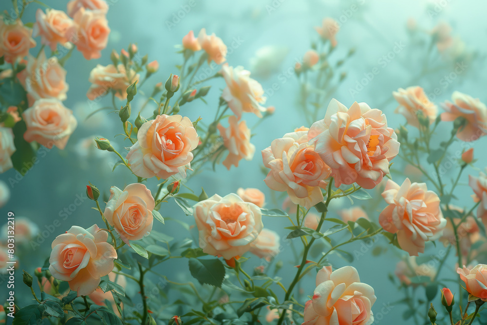 Dreamy Peach Roses Flourishing in a Misty Teal Garden Dreamy Peach Roses Flourishing in a Misty Teal Garden