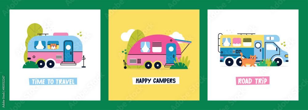 Set of vector flat camping greeting cards. Colorful cartoon campers RV. Road home Trailers. Camping caravan cars with cat, plants, trees. Mobile home for country and nature vacation.
