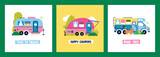 Set of vector flat camping greeting cards. Colorful cartoon campers RV. Road home Trailers. Camping caravan cars with cat, plants, trees. Mobile home for country and nature vacation.