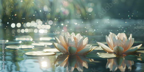 Lotus Blooms Radiating in Sparkling Pond Bokeh"