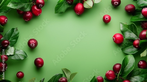 Fresh red cherries with green leaves scattered on a bright green background with ample copy space.