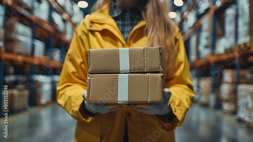 Ready for Dispatch: Warehouse Professional in Yellow Coat Holding Stacked Packages Securely
