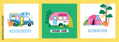 Set of vector flat camping greeting cards. Colorful cartoon campers RV. Road home Trailers and tents. Camping caravan cars with cat, plants, trees. Mobile home for country and nature vacation.