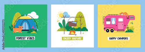 Set of vector flat camping greeting cards. Colorful cartoon campers RV. Road home Trailers and tents, bonfire, pot, food, sun, cloud, trees and plants. Camping caravan cars