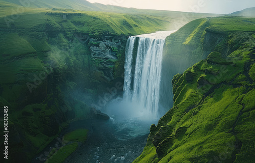 Beautiful view of Skogafoss Waterfall in Iceland  green grass on the ground