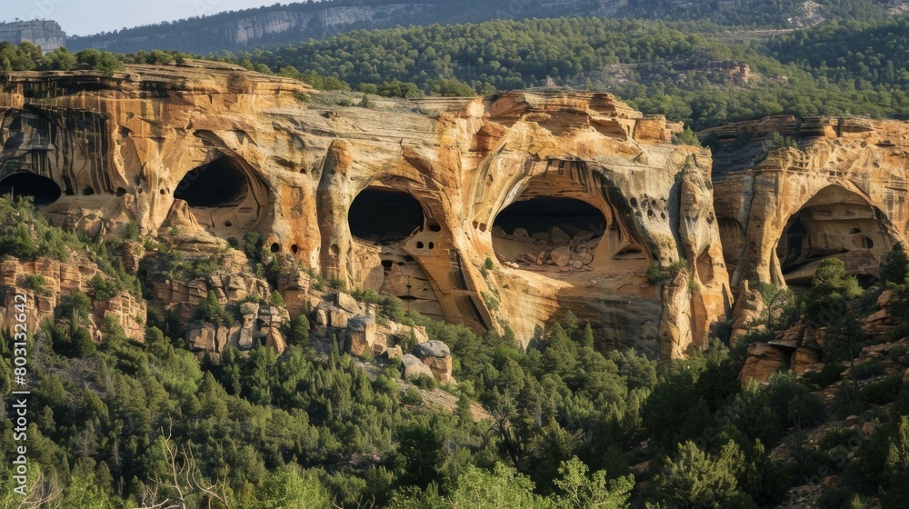 A series of natural arches carved into the side of a mountain by the unrelenting forces of weathering and erosion standing as a testament to the everchanging beauty of nature..