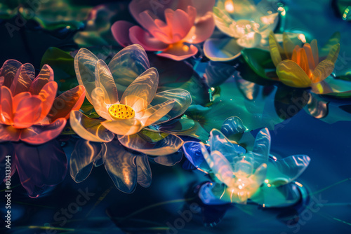 A group of colorful plastic flowers floating in a pond © Lidok_L