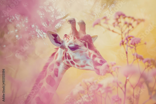 Dreamlike Giraffe Amongst Fantasy Pink Blossoms