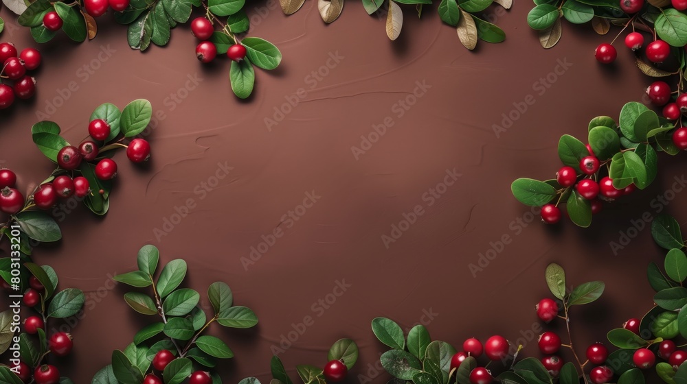 Elegant Christmas border of red berries with green leaves on a dark brown background, ample copy space.
