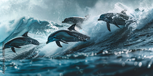 group of dolphins jumping out of water Playful dolphin jumping in the blue water splashing with motion