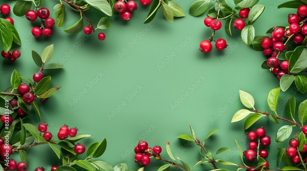 Festive banner with red berries and green leaves framing a copy space on a green background. Festive banner with red berries and green leaves framing a copy space on a green background.