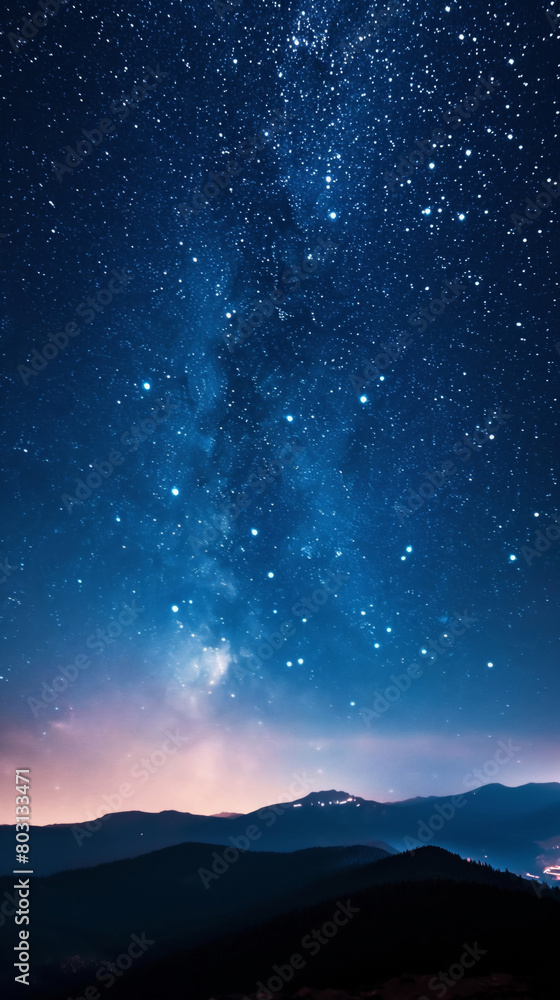 Naklejka premium A tranquil dusk sky with countless stars above a majestic mountain range. Background. Generative AI
