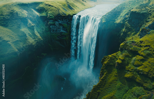 Beautiful view of Skogafoss Waterfall in Iceland, green grass on the ground