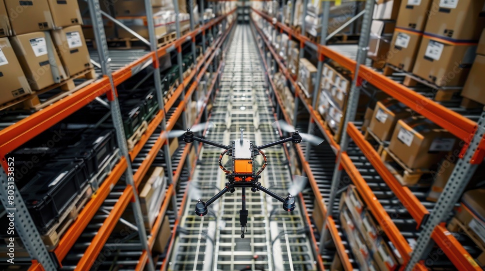 A drone equipped with AI technology for inventory management, scanning barcodes and RFID tags in a large warehouse.