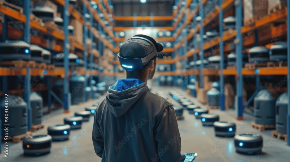 A warehouse worker monitoring and supervising a fleet of AI-controlled robots, using a tablet or augmented reality interface.