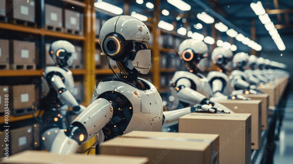 Fototapeta premium A team of collaborative robots working together to pack orders, with an AI system coordinating their movements.