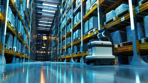 A robot picker retrieving items from a high-density storage system, with AI algorithms optimizing the retrieval process.
