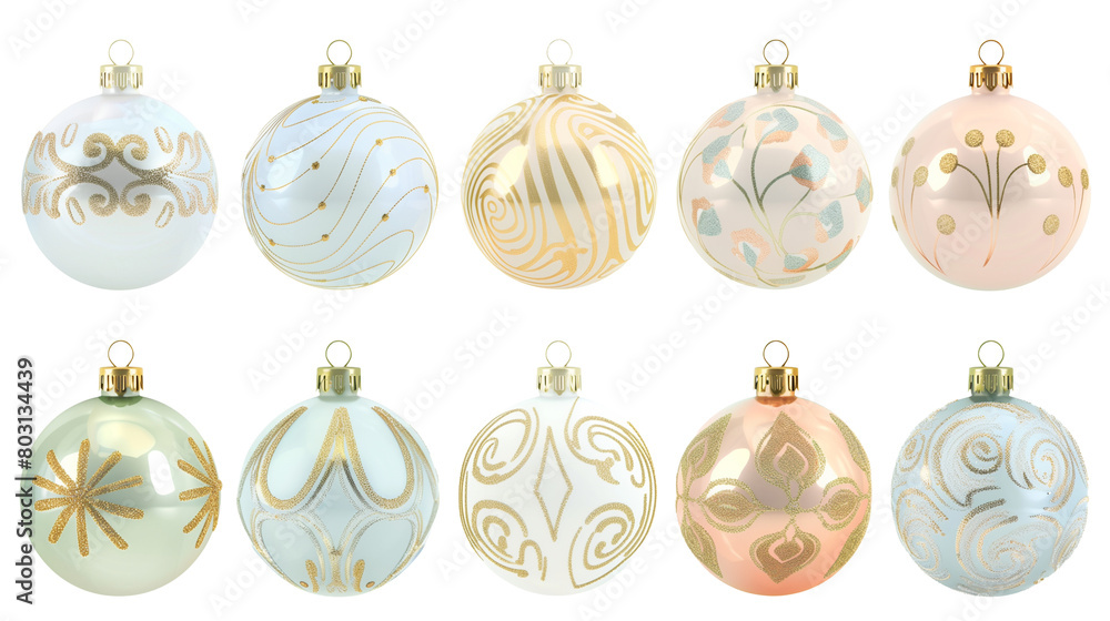 set of classical decorated christmas baubles isolated on transparent background, gold and pastel hues color scheme. Set of beautiful Christmas decoration. Christmas elements, design for Christmas card