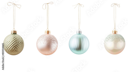 set of classical decorated christmas baubles isolated on transparent background, gold and pastel hues color scheme. Set of beautiful Christmas decoration. Christmas elements, design for Christmas card