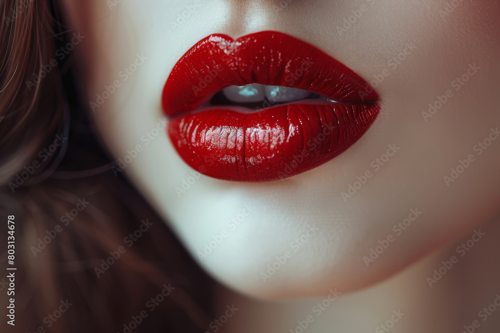 Fototapeta premium Close-Up of Luscious Red Lips with Glossy Finish