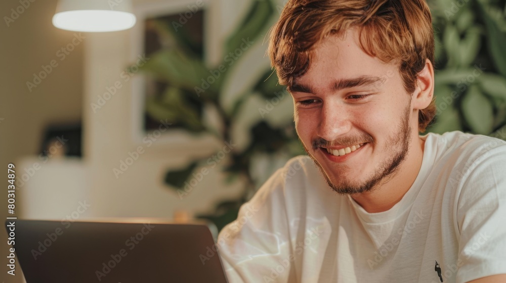 Fototapeta premium A Man Smiling at Laptop Screen