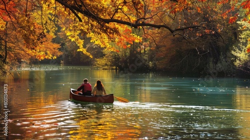 Couple paddles a canoe through a tranquil river surrounded by colorful autumn foliage