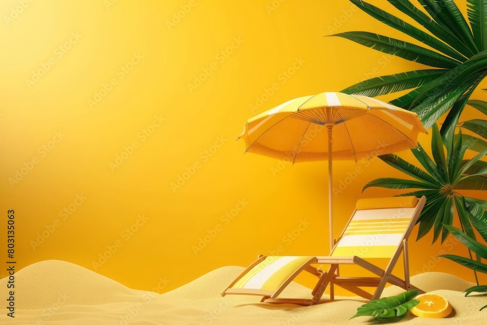 Summer green podium sale with beach umbrella and beach reclining chair, pile of sand, tropical leaf on yellow background