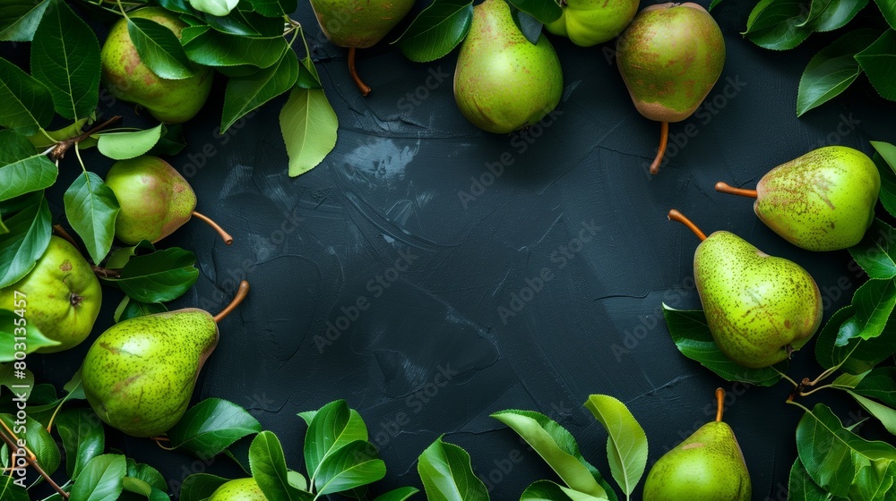 Fresh green pears arranged on a dark textured background, surrounded by vibrant leaves.