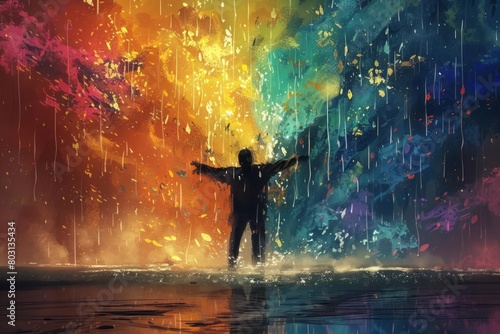 A man dancing in the rain as each drop turns into colorful drops of paint, creating a whirlwind of color and life around him photo