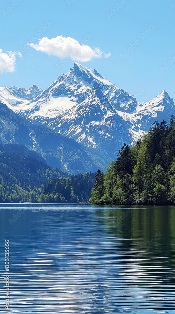 Scenic lake framed by mountains, trees on shore, under a vast sky. Generative AI Scenic lake framed by mountains, trees on shore, under a vast sky. Generative AI