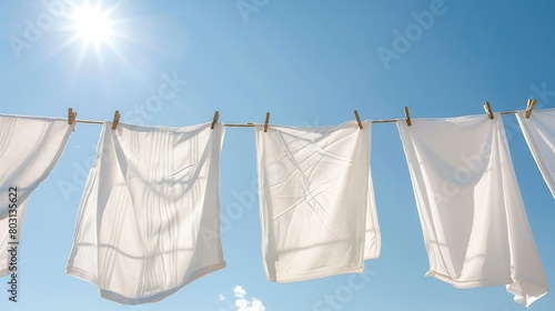 A drying rack covered with fresh white cloth and fresh white linen hung on clothespins outside against a blue sky. low angle photography photo
