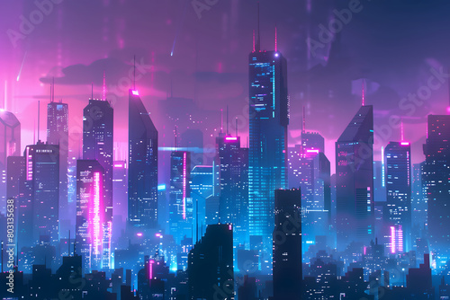 futuristic cyberpunk city skyline at night.