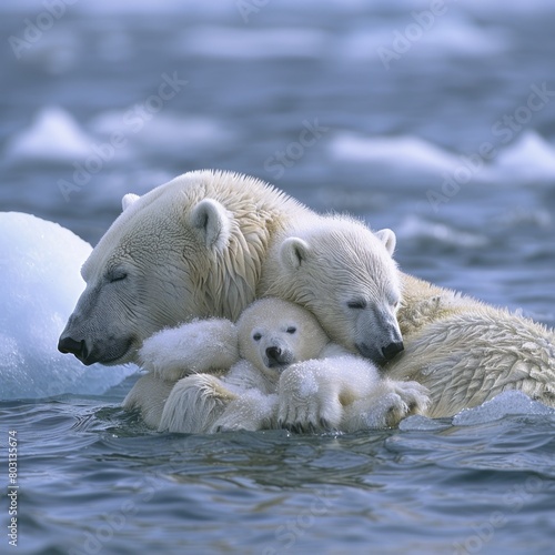A group of polar bears are swimming in the icy waters of the Arctic. The mother bear is keeping her cubs close to stay warm.