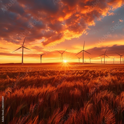 A golden field of wheat with wind turbines in the distance. photo